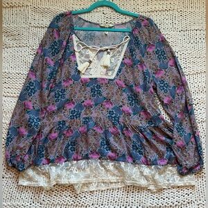Matilda Jane Boho Peasant Top With Lace Trim size L